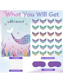 Mermaid Party Supplies Pin The Tail On The Mermaid Party Game With 24Pcs Tail Stickers For Birthday Party Game Activity