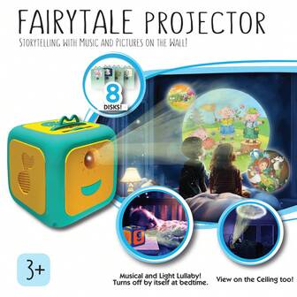 Máquina de narración de cuentos para niños, dispositivo de aprendizaje y proyector para niños. Incluye 8 tarjetas y 64 diapositivas coloridas que pueden pasar automáticamente y reproducir 8 cuentos de hadas clásicos. Las luces del cielo estrellado multicolor incorporadas crean una atmósfera encantadora, haciéndolo adecuado para niños de 3 años en adelante.