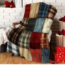 1pc Soft Flannel Patchwork Plaid Blanket - All-Season Bedspread With Multicolor Geometric Bedding, Sofa & Camping Throw, Cozy Bed Cover For &, Neutral Tones (Beige/Brown/Gray/White) - Home Decor Gift - 彩色 - 查看 3
