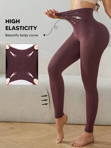 High Waist Seamless Shaping Tummy Control Slimming Leggings - Burgundy - View 3