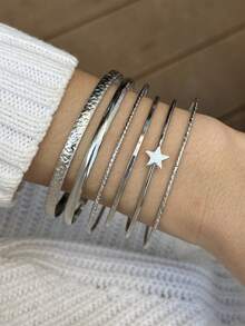 6件套夸张开口五角星不对称手链套装，适合女性日常装饰、服装搭配、约会、派对、节日礼物 - 銀色 - 查看 2