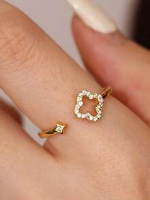 1枚925纯银镀14K金四叶草立方氧化锆戒指，精致银戒指，适合日常佩戴，送给女朋友的礼物 - 金色 - 查看 6