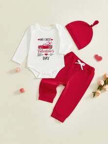 Conjunto de ropa para bebé niño con estampado de letras y camión bordado, pantalones con cintura elástica, sombrero para primavera - Blanco - Ver 6