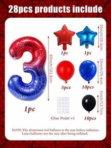 28pcs Spider Theme Number Balloon Column Kit, 32-Inch Spider Web Design Number Balloons 0-9, Red Blue Black Latex Balloons, 10-Inch Five-Pointed Star Balloons, Suitable For Birthday Party, Decoration Party, Home Decor, Theme Party, Spider Hero Theme Birthday Balloons, Boy Birthday Decoration, Cosplay Party Decoration - Multicolor - View 2