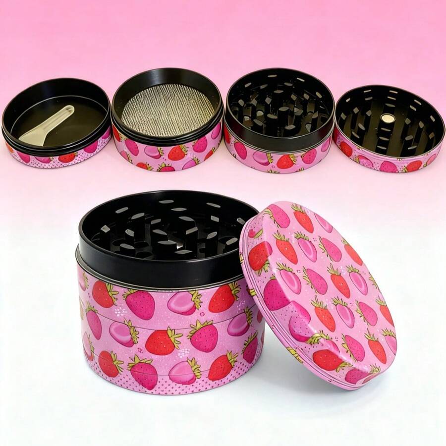 Cute Tobacco/Herb Grinder - Pink & Pretty Strawberry/Cherry Metal Grinder, 4-Piece 50MM, Smoking Accessories, For Smokers - 50毫米 - 查看 1