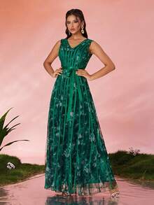 Vestido de Festa Longo Floral com Painel Transparente Decote em V para Mulheres Magiacy - Vestido Formal de Luxo, Vestido Verde - Verde - Visão 3