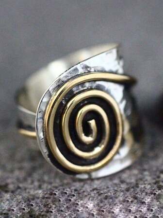 1Pc Vintage Swirl Circle Bohemian Fashion Metal Antique Silver & Gold Color Two Tone Open End Ring Wide For Men & Women, Suitable For Daily, Vacation, Party Wear