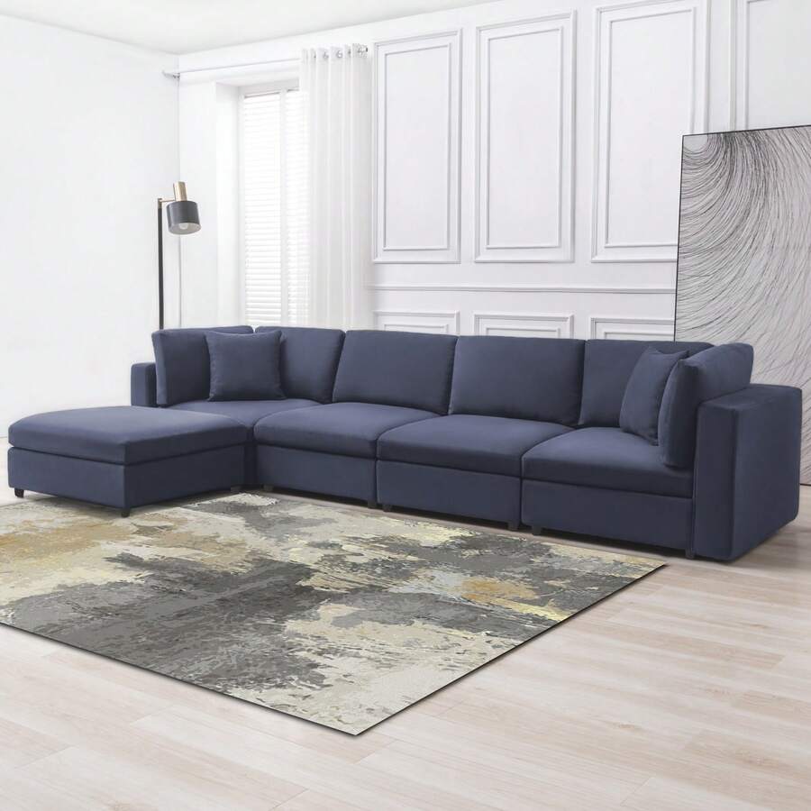 5 PCS Modular Sectional Sofa, L-Shaped Convertible Sectional Couch, 4-Seaters Oversized Sleeper Sectional Couch With Movable Ottoman,Furniture Sets For Living Room/Office - Navy Blue - View 1