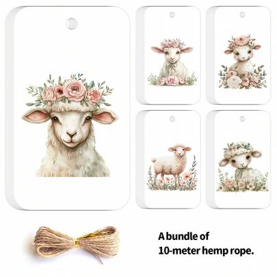 50个带彩色花卉图案的绵羊礼品标签，配麻绳——非常适合创意朋友、动物爱好者、派对回礼、手工礼品、DIY礼品、生日派对装饰，设计奇趣，充满童趣，材质耐用。