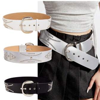 1条多色铆钉箭头形宽腰带，银色圆扣时尚束腰带，适合女性作为圣诞礼物、派对装扮，可搭配牛仔裤、休闲裤、睡袍、冬季节日配饰、长裙、半身裙、晚礼服，适合学生、牛仔女孩、商务休闲女士以及圣诞节、万圣节派对礼物。