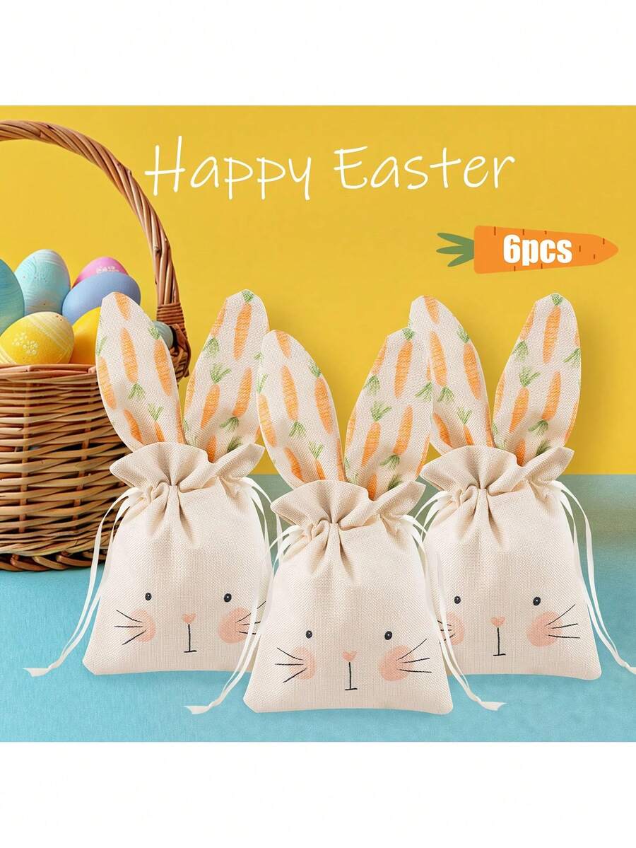 6pcs Easter Bunny & Carrot Pattern Linen Drawstring Gift Bags - Reusable, Fun Design | Suitable For Easter/Spring/Party/Baby Shower, Candy/Jewelry/Surprise Gift Packaging And Decor Accessories - Multicolor - View 1