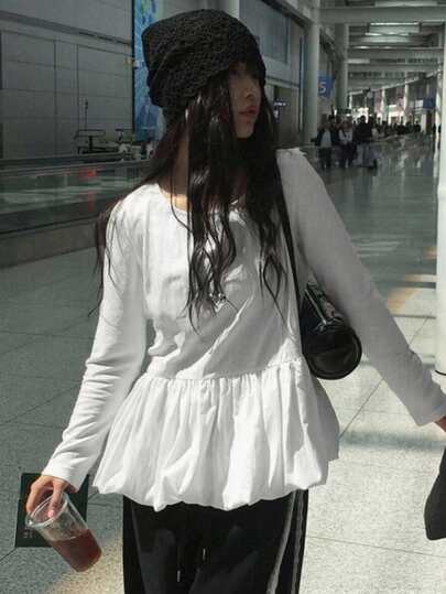 女士圆领修身纯色拼接长袖衬衫 春季