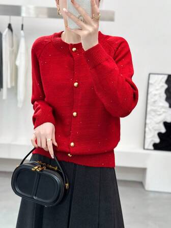 Women's Round Neck Single-Breasted Sequin Design Soft & Comfortable Small Metal Button Knitted Cardigan, Autumn/Winter