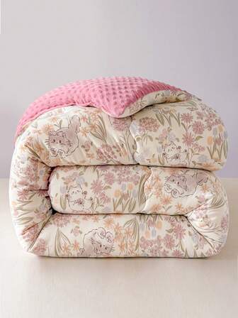 1pc Printed Floral & Cartoon Pattern Comforter, Soft Plush Fabric, Quilted Design, Suitable For Bedroom, Guest Room, All Season