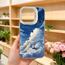 Cubierta de teléfono con diseño de cielo estrellado y nubes azul oscuro con personaje de nieve y texto CASETTO para uso diario y eventos especiales Aplicable a los teléfonos de la serie Apple y Galaxy - Negro - Ver 5