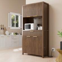 GIKPAL Modern Pantry Cabinet With Power Outlet & Adjustable Shelves - Kitchen Storage Hutch With Drawer, Wave-Textured Doors For Dining & Living Room, Natural Oak Finish, Walnut - View 9