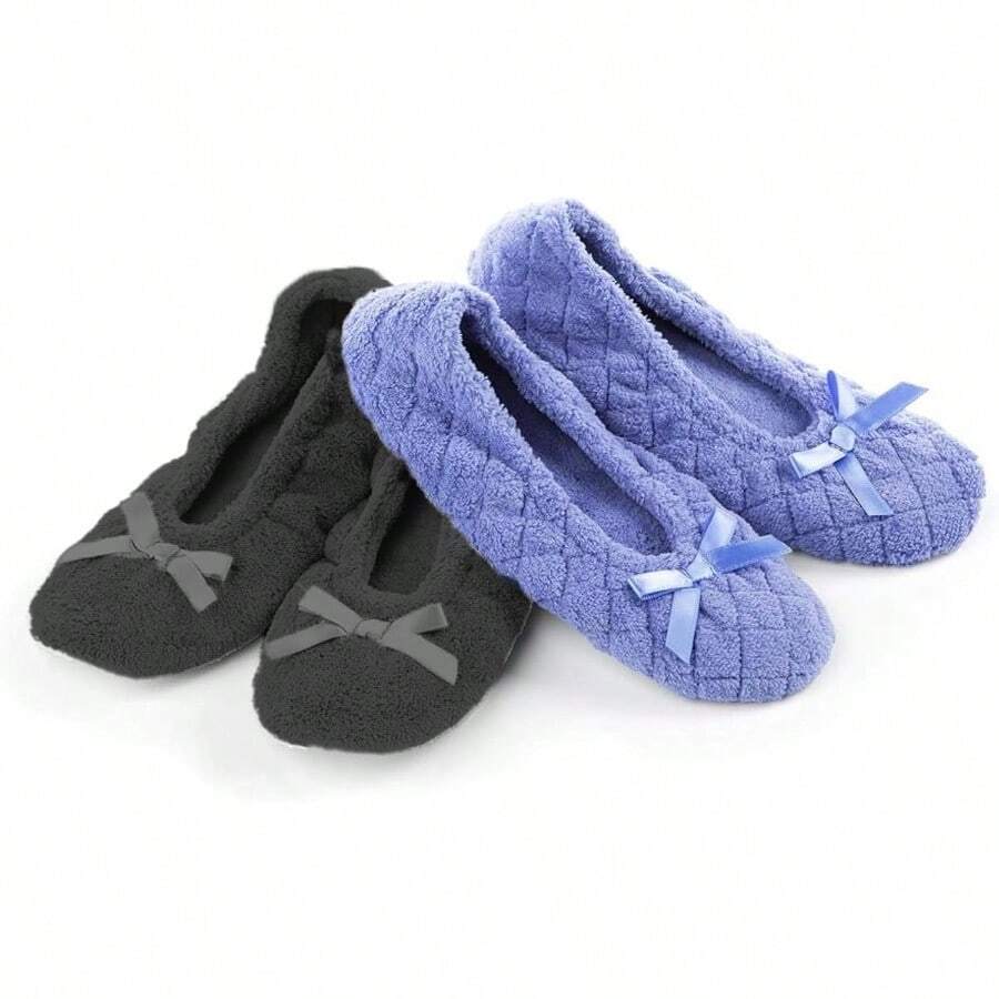 Isotoner Women's 2 Pack Mictroterry Ballerina Slipper With A Satin Bow - PeriwinkleQuiltedAshSolid - Xem 1