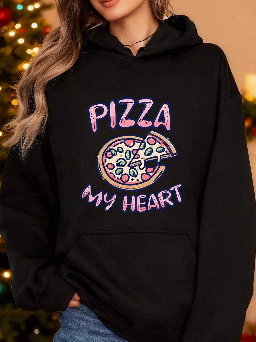 Women Hooded Sweatshirt Pizza My Heart Graphic Print Casual Wear For Everyday Comfortable Fabric Perfect As A Gift - 黑色 - 查看 1