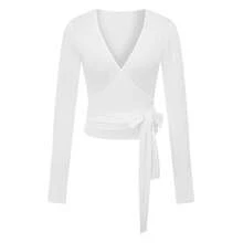 Women Ballet Wrap Top Long Sleeve Deep V Neck Cross Tie Workout Pilates Yoga Shirts Wrap Tie Crop Tops Sportswear Y2k Streetwear Slim Fitted Coquette Blouses - 白色 - 查看 10