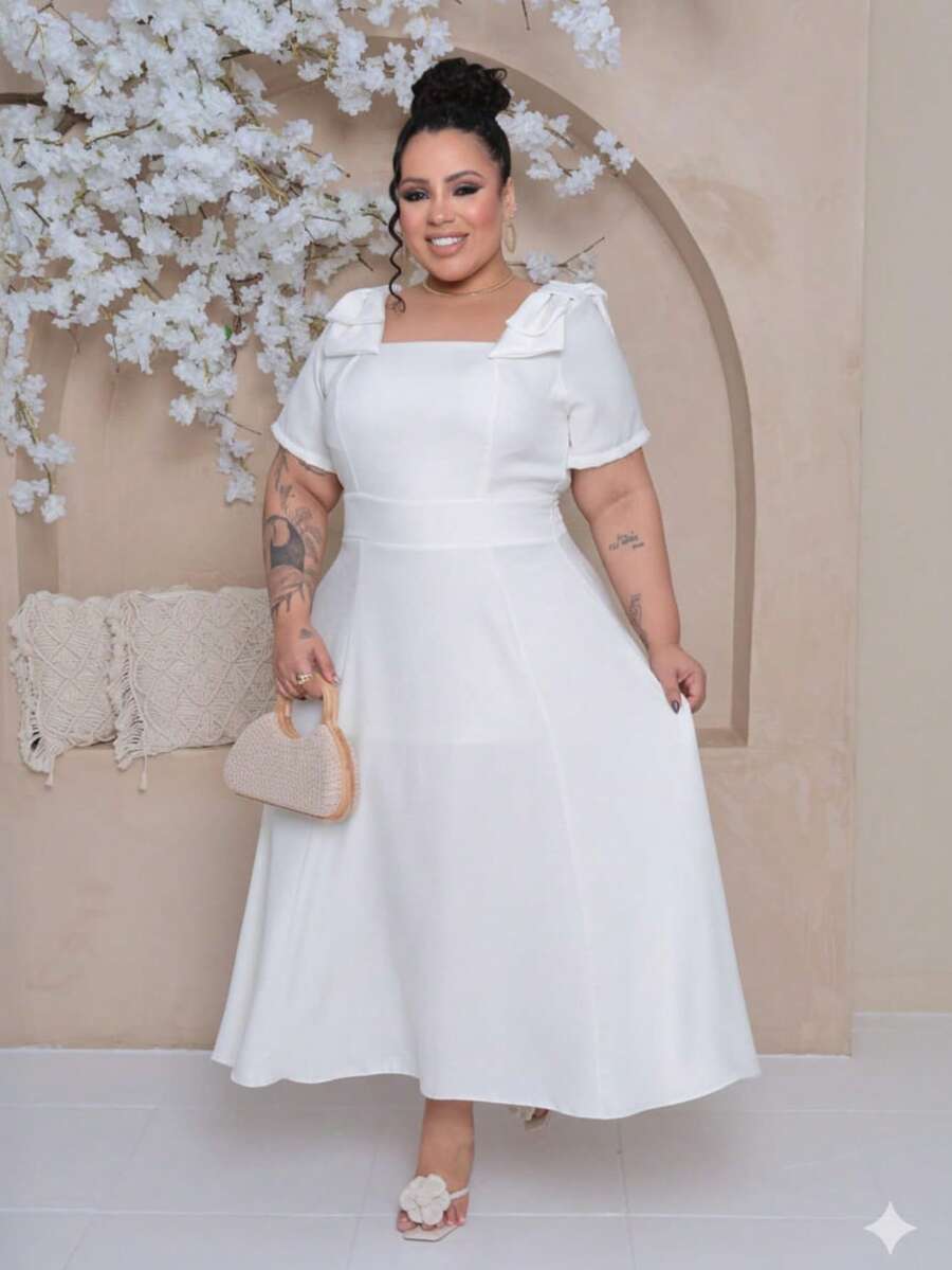 Women's Plus Size Midi Dress With Lined Square Neckline, Short Sleeves, Shoulder Tie, Padded Cups And Elastic Back In Duna Linen - Elegant Fashion Party Dress - 白色 - 查看 1