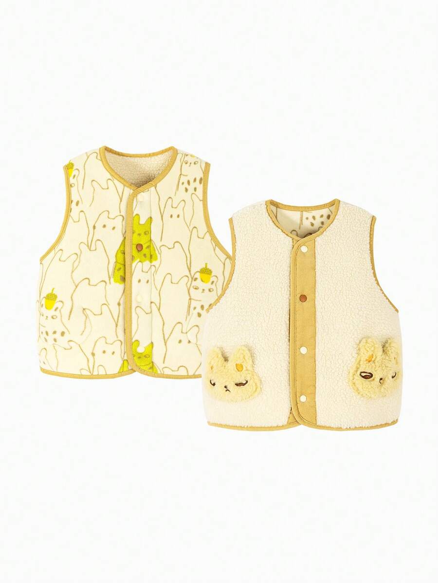 mini bala Fleece Series Baby Girl Reversible Vest Warm Soft Vest Winter 2025 - Yellow Tone - View 1