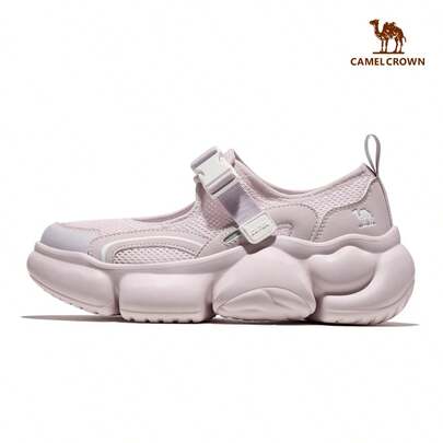 CAMEL CROWN 女士休闲鞋，米色运动沙滩凉鞋，适合春夏穿着，透气网面，轻便防滑