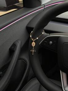 1pc Steering Wheel Decor, 15cm Adjustable Length, Minimalist, Cute, Creative Rosary Beads Car Pendant Accessory, Unique Fashion Car Hanging Decoration - White Oval Disc With Black Border and Cross - a - View 2