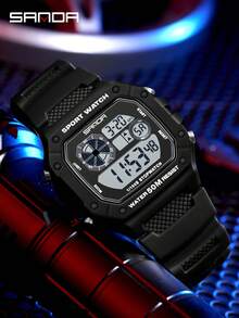 SANDA. Reloj electrónico de hombre de moda SANDA 2202, multifuncional, resistente al agua, LED, pantalla única, reloj electrónico cuadrado pequeño - Blanco y Negro - Ver 3