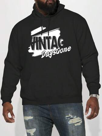 Plus Size Men's Thermal Lined Hoodie, Black, Collegiate Design Print, Casual Outdoor Wear, Autumn/Winter