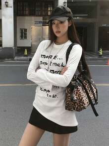 初秋新款圆领字母印花长袖T恤，独特设计女上衣 - 白色 - 查看 2