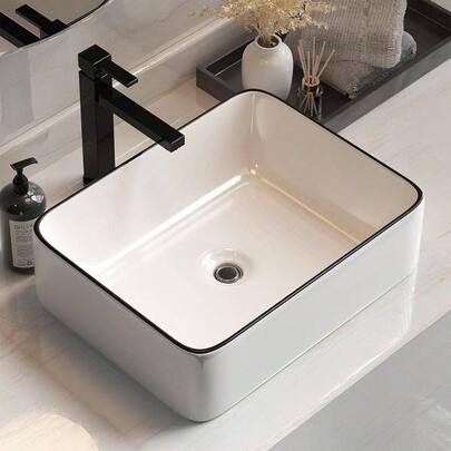 Bathroom Basin Vanity Sink, Ceramic Hand Wash Basins Vessel Sinks Above Counter Top Tools Kitchen Home Improvement, Rectangle Shape High Gloss Scratch - Resistant White