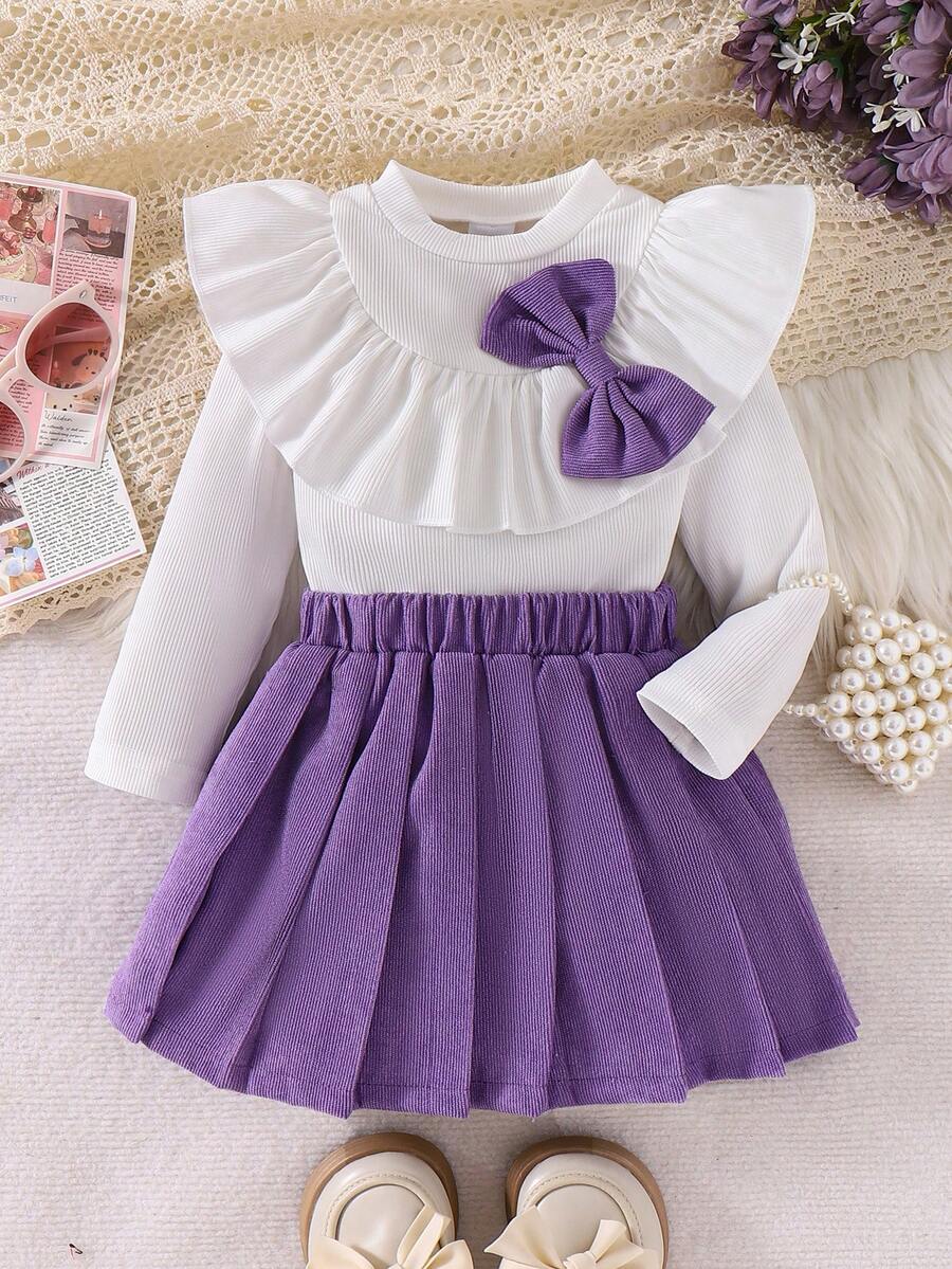 Set de 2 piezas de top acanalado con lazo y falda plisada de pana para niñas, estilo escolar elegante, para primavera/otoño - Morado - Ver 1