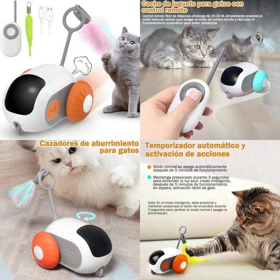 Juguete Interactivo para Gatos con Detección Automática de Obstáculos, Coche Giratorio 360°, 2 Cabezas de Plumas Intercambiables(Naranja) - Multicolor - Ver 1