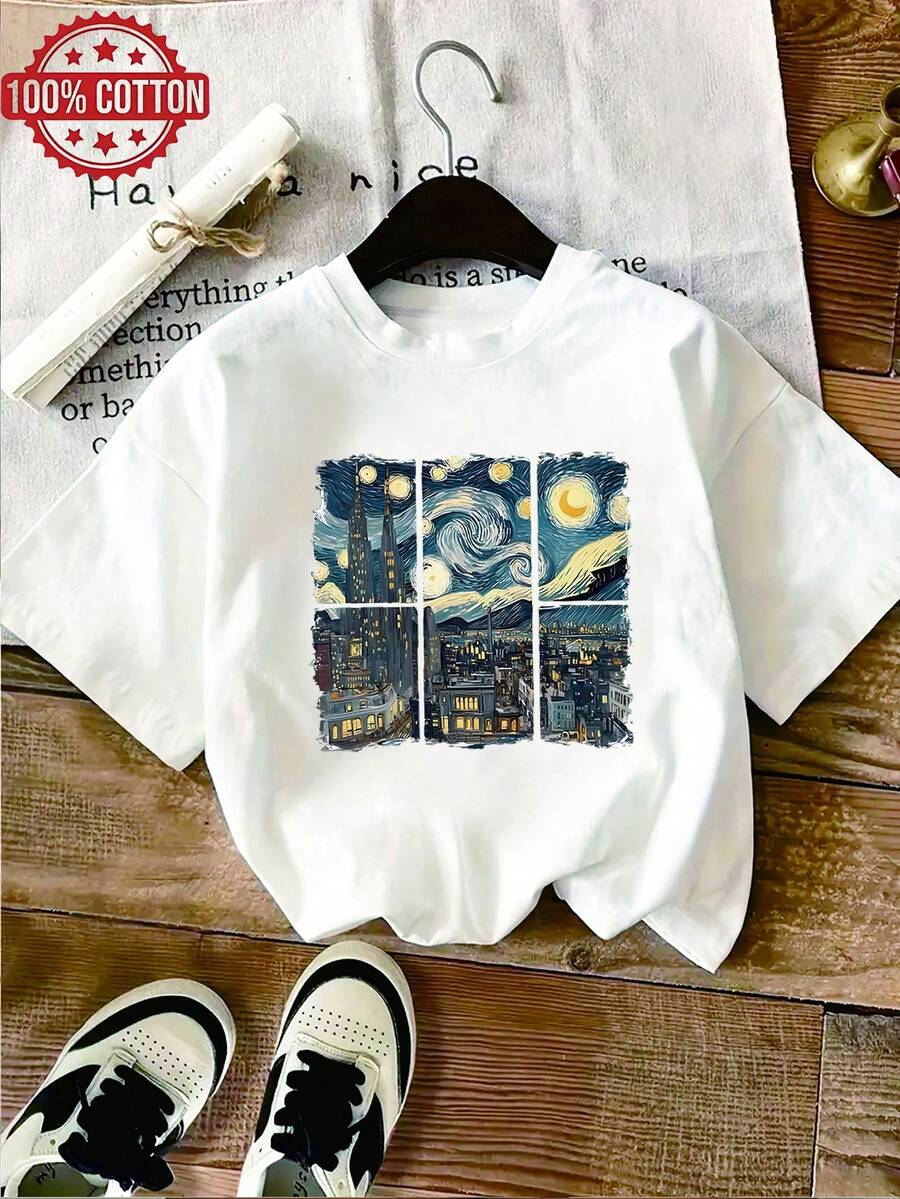 1pc 100% Cotton Women City Night Sky Landscape 2D Print Crew Neck Short Sleeve TShirt for All Seasons - Blanco - Ver 1