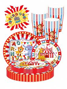 10pcs Carnival Party Decorations Set, Including Carnival Circus Theme Plates, Napkins And Cups, Disposable Circus Theme Paper Tableware Set, Suitable For Birthday, Baby Shower Party, Serves 10 Guests - Multicolor - View 1