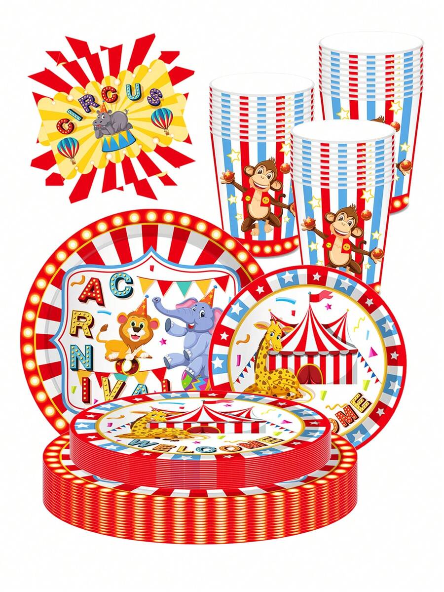 10pcs Carnival Party Decorations Set, Including Carnival Circus Theme Plates, Napkins And Cups, Disposable Circus Theme Paper Tableware Set, Suitable For Birthday, Baby Shower Party, Serves 10 Guests - Multicolor - View 1