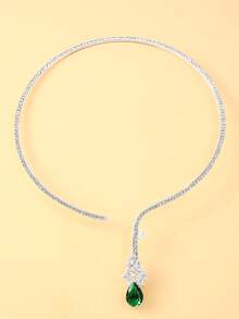 1pc Luxury Emerald Drop Pendant Necklace, Suitable For Women's Party Wear - Silver - View 11