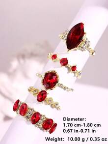 5pcs/Set Fashionable Luxury Rhinestone & Red Gemstone Gold Color Rings, Versatile Jewelry Suitable For Girlfriend, Wedding, Engagement - Multicolor - View 8