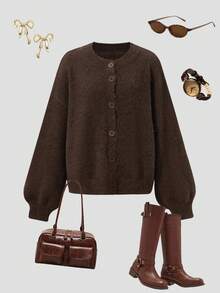 女士秋冬休闲优雅慵懒圆领长袖纽扣开衫毛衣上衣，女士加大码纯色休闲针织开衫，秋冬季，圣诞新年 - 棕色 - 查看 4
