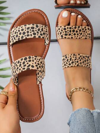 Große Größen Leoparden-Muster Damen Flache Runde Zehen Outdoor Mode Bequeme Rutschfeste Sandalen, Sommer