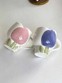 1pc INS Style High-Quality Tulip Ceramic Mug, Coffee Cup, Breakfast Milk Oatmeal Cup, Office Water Cup, Home Afternoon Tea Latte Cup, Juice Beverage Cup, Holiday Gift Cup For Family And Friends - Multicolor - View 5