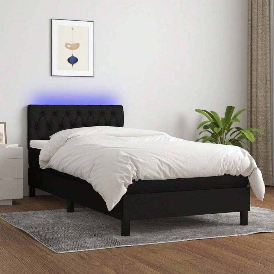 vidaXL Boxspringbett mit Matratze & LED Schwarz 90x200 cm Stoff - Schwarz - Übersicht 1
