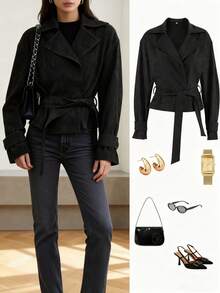 Women's Autumn/Winter French Suede Fleece Lapel Casual Double-Breasted Jacket With Tie-Waist, Fashion New Matte Fleece Slim Fit Elegant Retro Coat, Going Out Tops For Women - Black - View 4