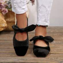 New Low Vamp Versatile Bow Decor French Soft Leather Square Toe Flat Shoes, Spring/Summer,Ballet Flats - Black - View 2