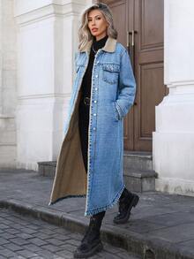 Áo khoác denim dài lót nhiệt thời trang Mobula Sound# dành cho nữ, phù hợp cho mùa thu/đông - Hoa xanh chiên - Xem 2