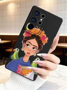 1 pieza Funda de teléfono con diseño de FridaKahlo con flores y loros, estilo artístico mexicano ideal para celebraciones festivas, moda urbana creativa, protección elevada para lente con diseño de ojo, resistente a golpes, compatible con iPhone17 ProMax/16/15/14/13/12/11/Plus/Pro/ProMax, compatible con Galaxy A34/A35/A54/A55, Galaxy S20/S21/S22/S23/S24/S25 Ultra/Plus, compatible con Galaxy/Redmi/Honor/OPPO/ViVo - Negro - Ver 3
