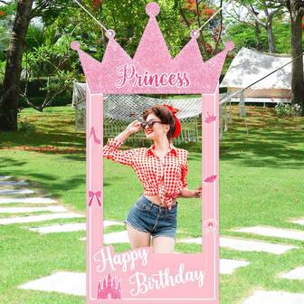 Pink Princess Birthday Party Doorway Banner Photography Backdrop Decoration, (70.87x31.5inch) Pink Crown Photo Prop Girl Birthday Party Supplies, Suitable For Birthday, Valentine's Day - 2D Flat Decor Photography Royal Queen Princess Party Decoration Photo Prop