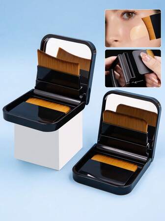 1 Set de Brochas de Maquillaje, 2 piezas de Brochas de Base Ultra Delgadas con Espejo y Estuche Compacto, Caja de Almacenamiento de Maquillaje Portátil, Herramientas de Maquillaje de Base de Fibra Súper Fina y Sin Costuras, Adecuado para Maquillaje de Base Facial para Uso Diario, Fiesta y Viaje
