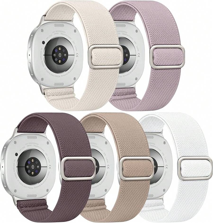 5 Paquetes de Bandas Elásticas Compatibles con Watch 8 6 5 4 FE Banda 40mm 44mm 45mm/Watch 8 Classic 6 4 42mm 46mm 43mm 47mm/Active 2, Correa Deportiva de Nylon Elástico Resistente al Agua de 20mm - Starlight/Blanco/Té Mike/Púrpura ahumado/Lavanda - Ver 1
