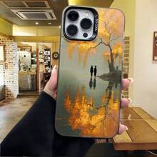 Cubierta de telefono con borde metálico para iPhone 14 Pro Max color verde oscuro con estampado de árbol y reflejo en agua con texto SO COOL adecuada para uso diario en cafeterías y salones - Blanco - Ver 4